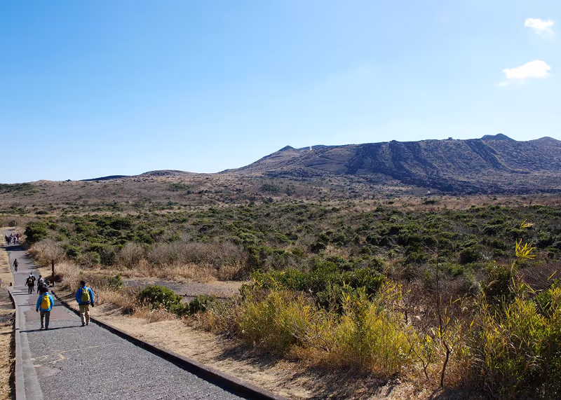Trail with people walking alongside dry shrubs and grass, leading toward a large volcanic mountain under a clear blue sky.