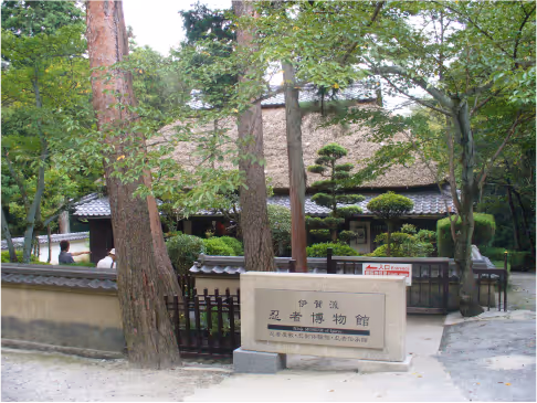 Traditional Japanese building with a thatched roof surrounded by green trees and a stone sign in front.