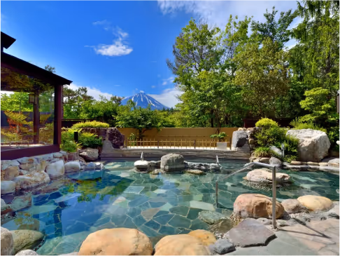 Outdoor hot spring bath with clear water surrounded by rocks and greenery, with a snow-capped mountain and blue sky in the background.