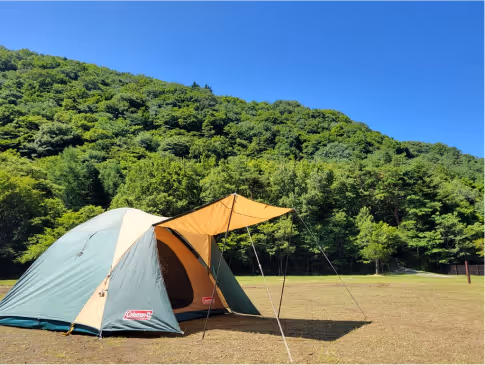 Green and beige Coleman tent set up on dry grass with a forested hill and clear blue sky in the background.