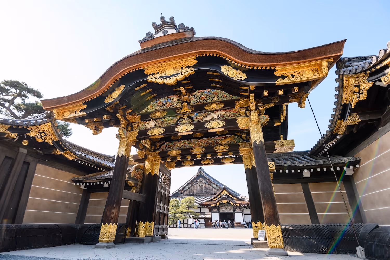 Intricately decorated traditional Japanese gate with gold detailing and a view of a temple building in the background under a clear sky.
