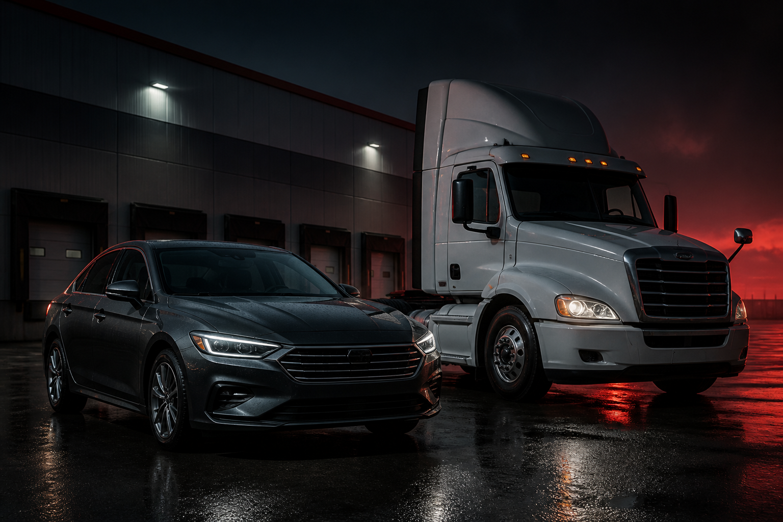 Commercial sedan and freight truck at a logistics hub at dusk, representing Eyes on Freight auto insurance coverage