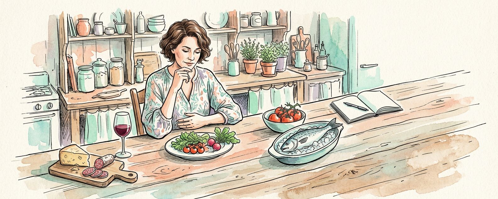 Histaminintoleranz: Frau am Küchentisch, Hand am Bauch, vor Gemüse, Käse, Salami, Rotwein, Tomaten, Fisch und Notizbuch