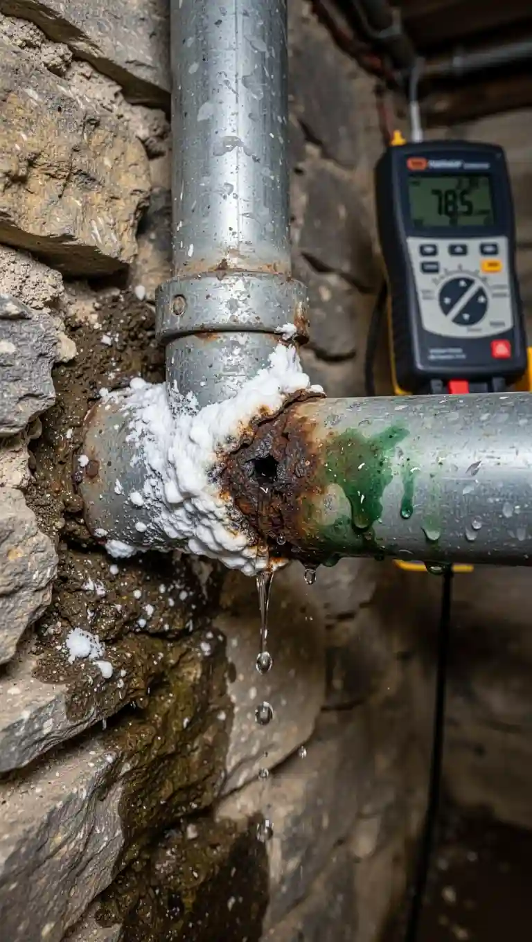 Détection fuite eau cave Thurins canalisation corrodée calcaire infiltration mur