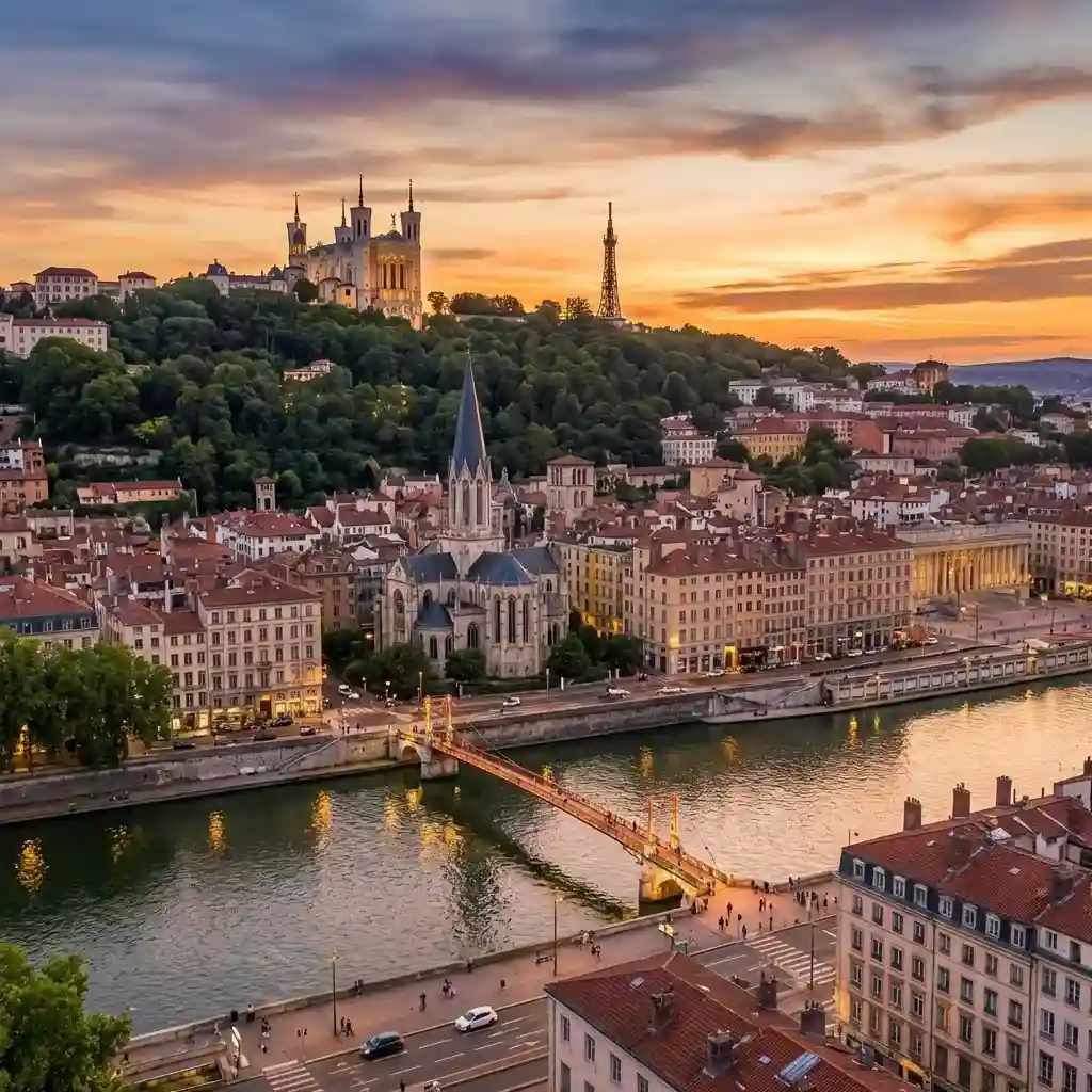 Vue panoramique de Lyon avec la basilique de Fourvière, les ponts sur la Saône et le Vieux Lyon au coucher du soleil