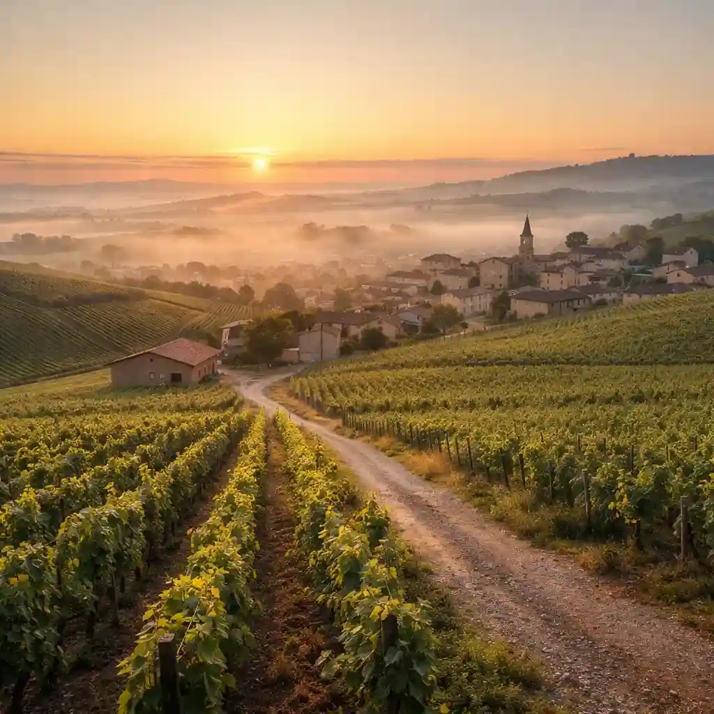Coucher de soleil sur les vignes et la campagne du Rhône avec vue panoramique sur le département