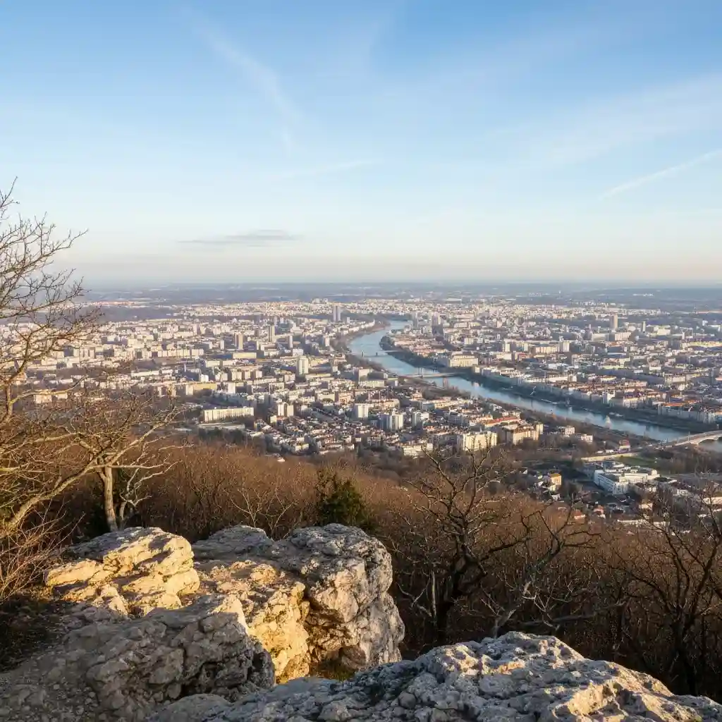 Vue panoramique depuis les Monts du Lyonnais avec paysage hivernal et vue sur l'agglomération lyonnaise