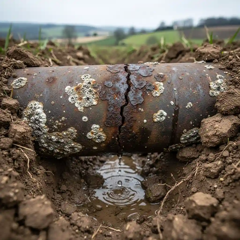 Fuite d'eau enterrée canalisation fonte corrodée Chénelette, Grange Plate