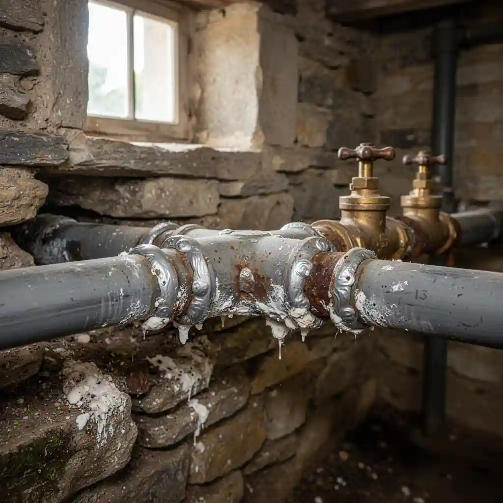 Canalisation en plomb danger Chiroubles Le Bourg cave maison vigneronne ancienne