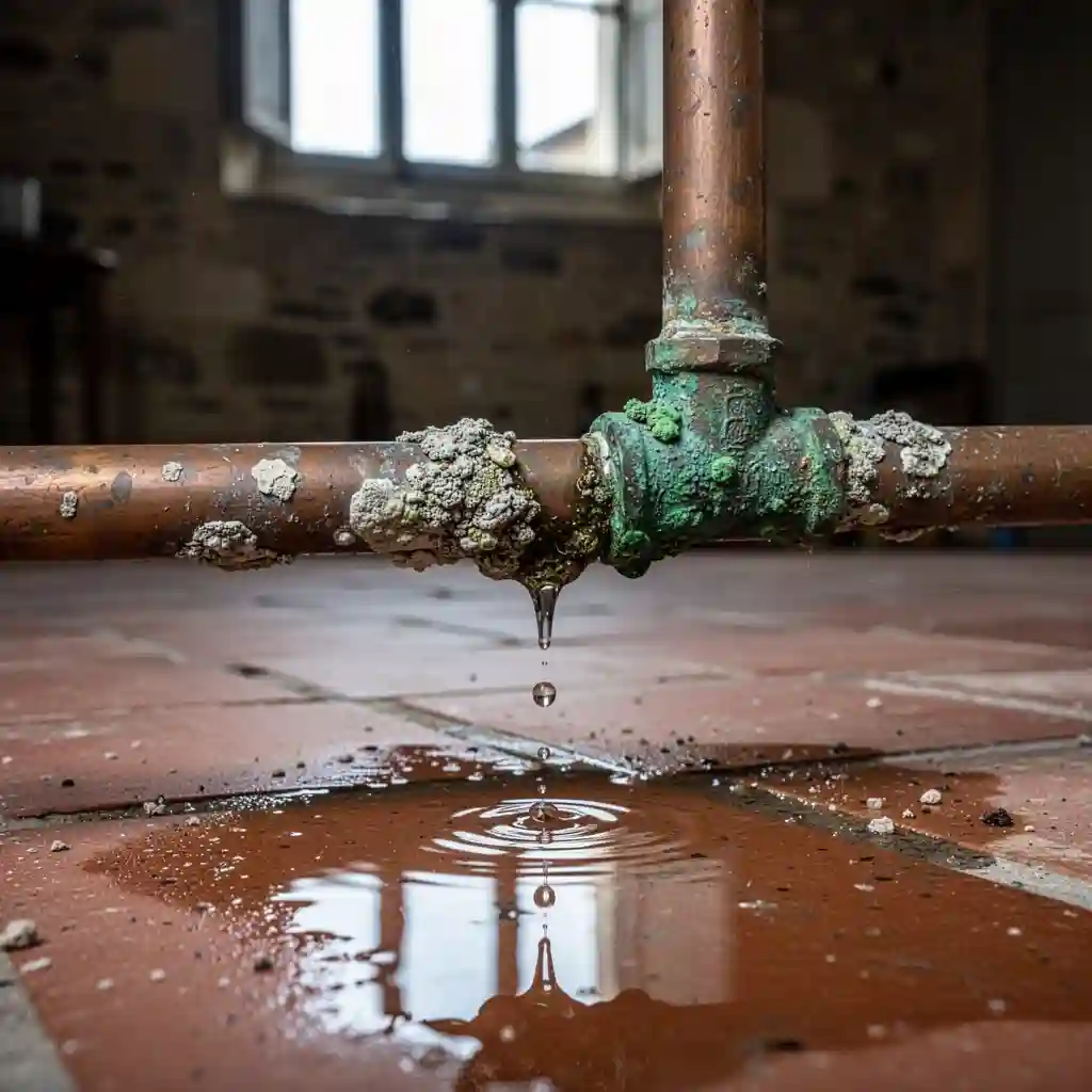 Fuite eau froide Cogny Bourg tuyau cuivre entartré cave