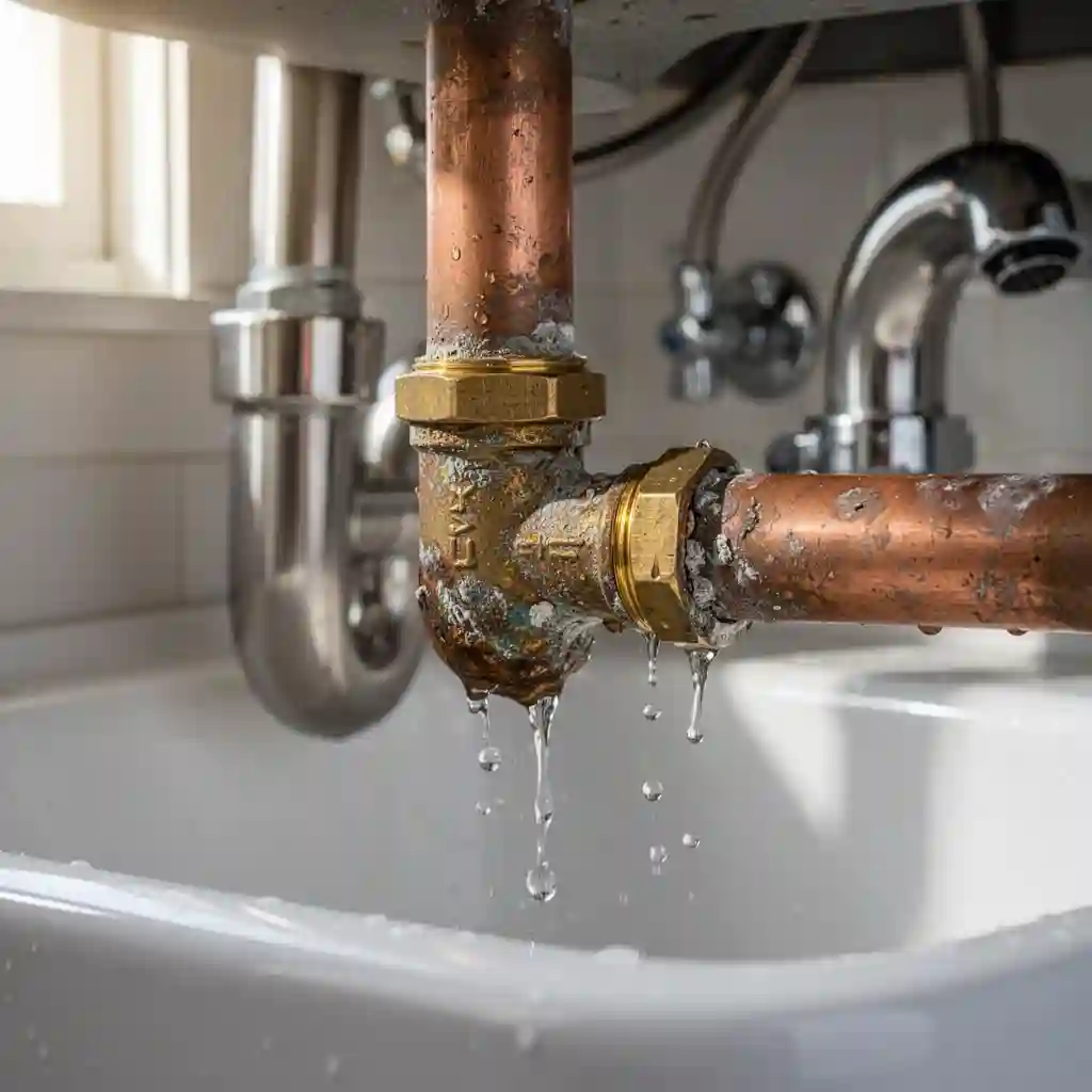 Fuite eau cuisine à Cours : raccord cuivre corrodé sous évier