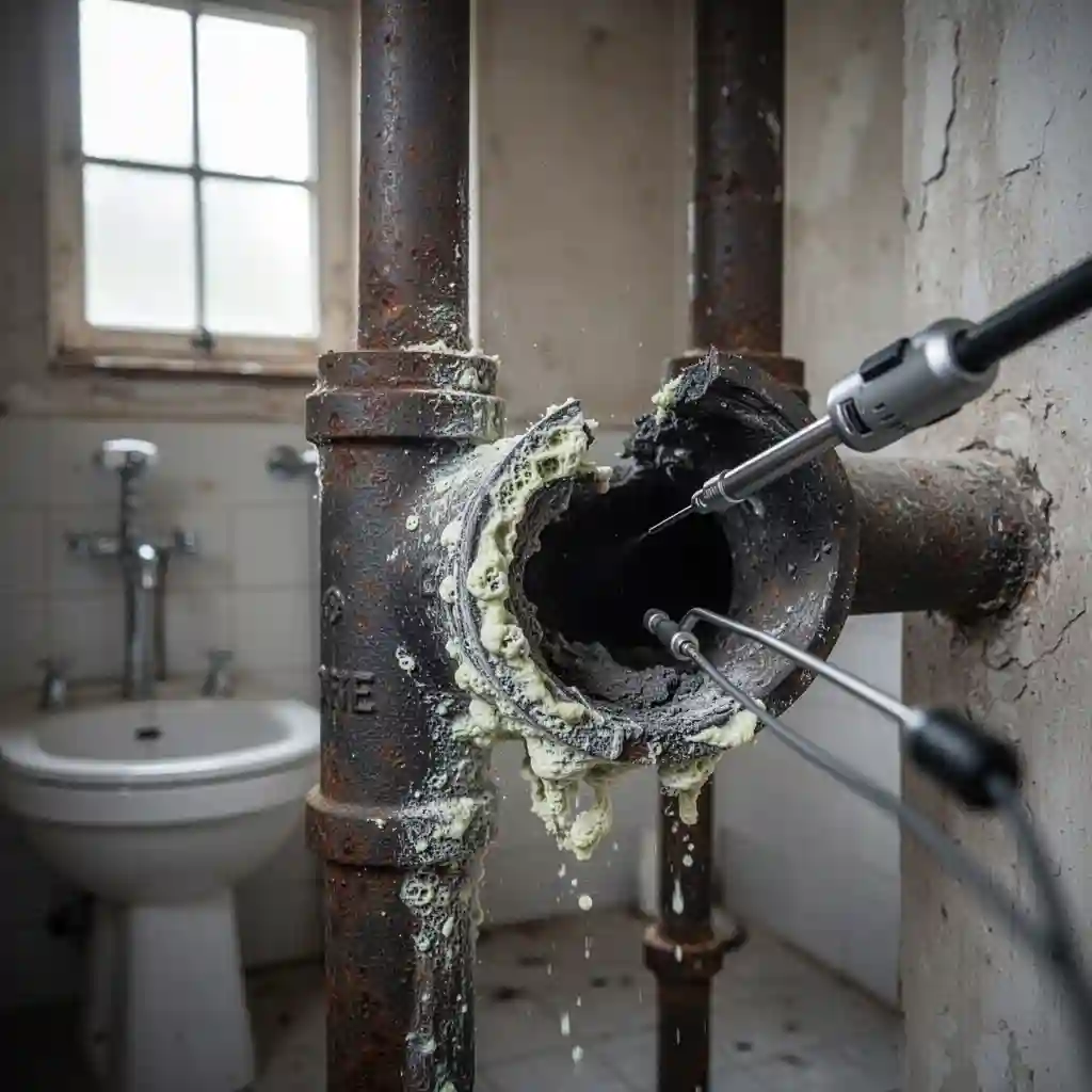 WC bouché Courzieu Le Bourg : canalisation fonte entartrée