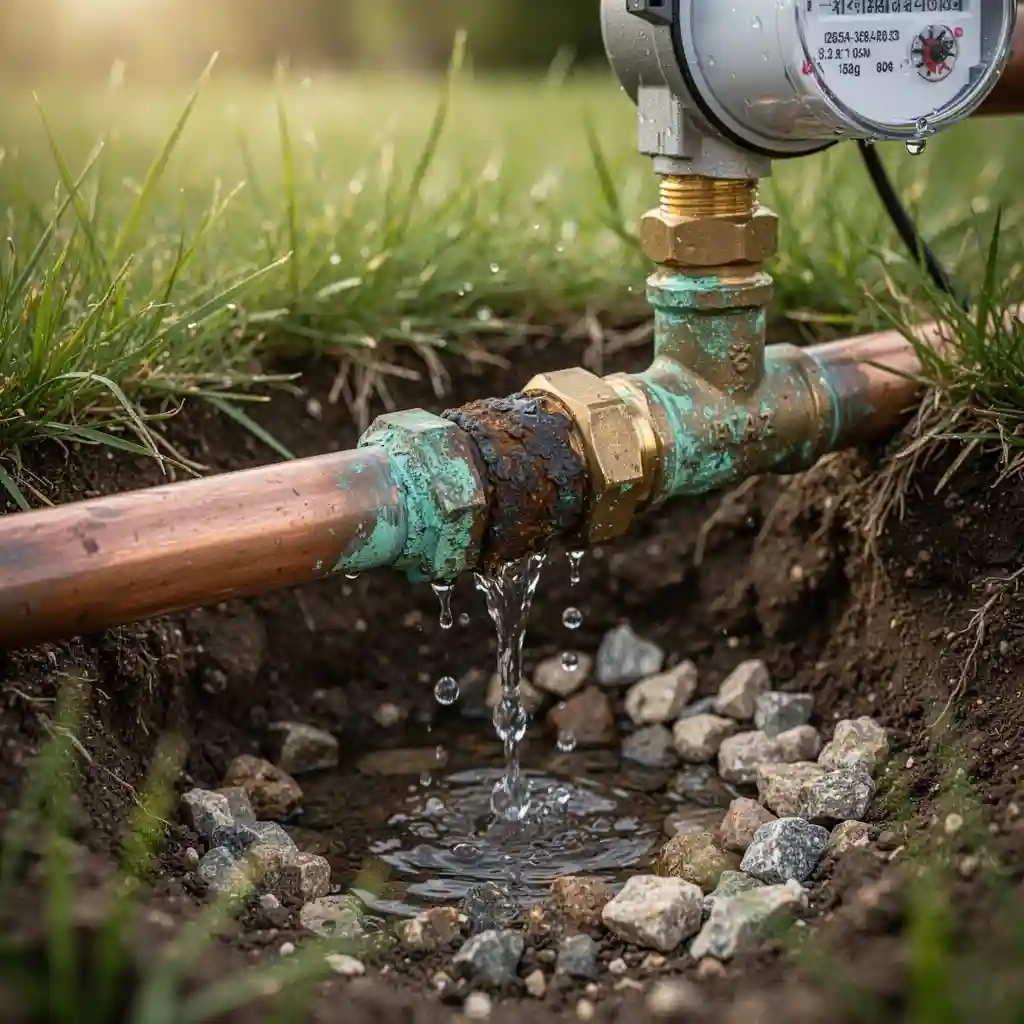 Fuite d'eau avant compteur à Cublize quartier Le Moulin canalisation cuivre corrodée