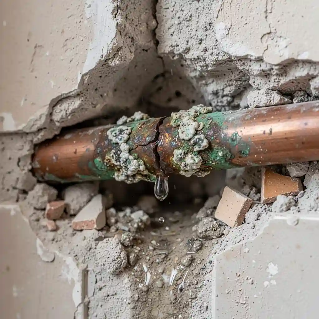 Fuite d'eau encastrée Échalas quartier Le Chalet canalisation cuivre corrodée