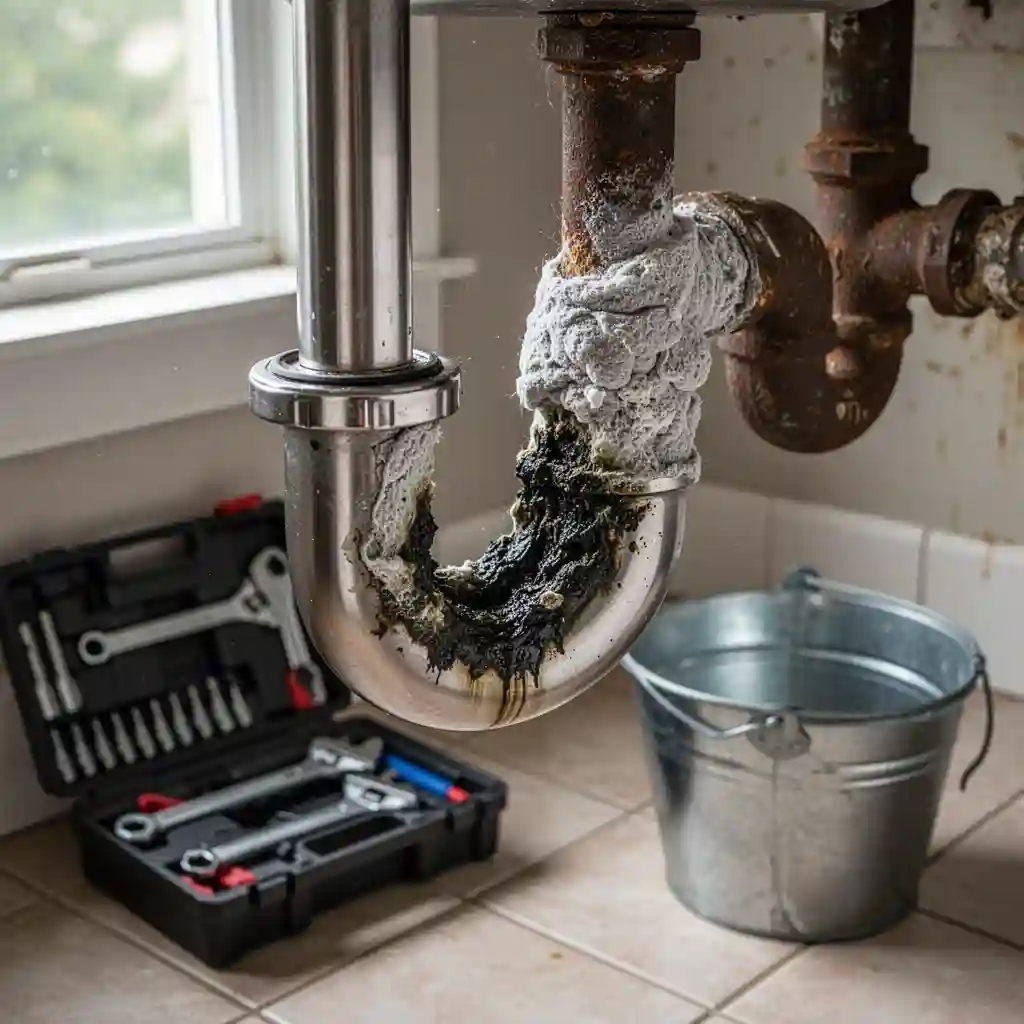 Évier bouché à Fontaines-Saint-Martin, hameau ancien, siphon entartré en fonte
