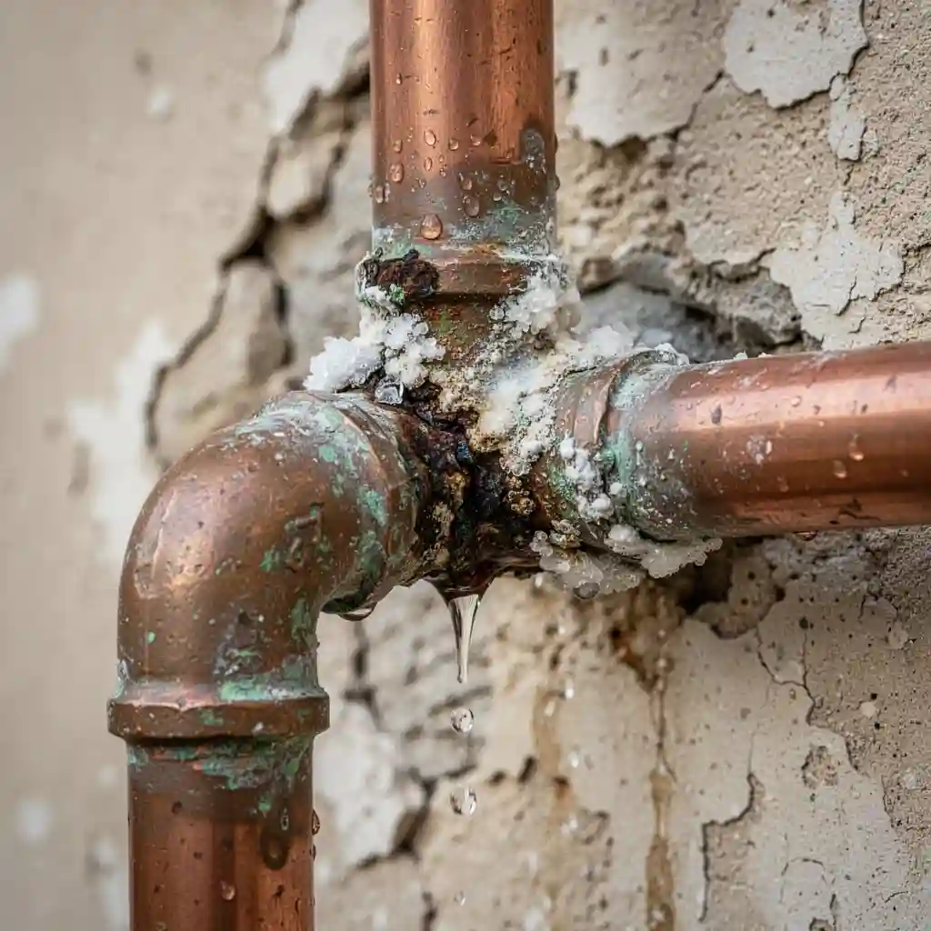 Constat fuite eau Haute-Rivoire centre-bourg canalisation cuivre entartrée