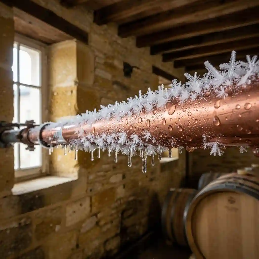 Tuyau gelé à Lachassagne hameau Saint-Pierre, canalisation cuivre givre