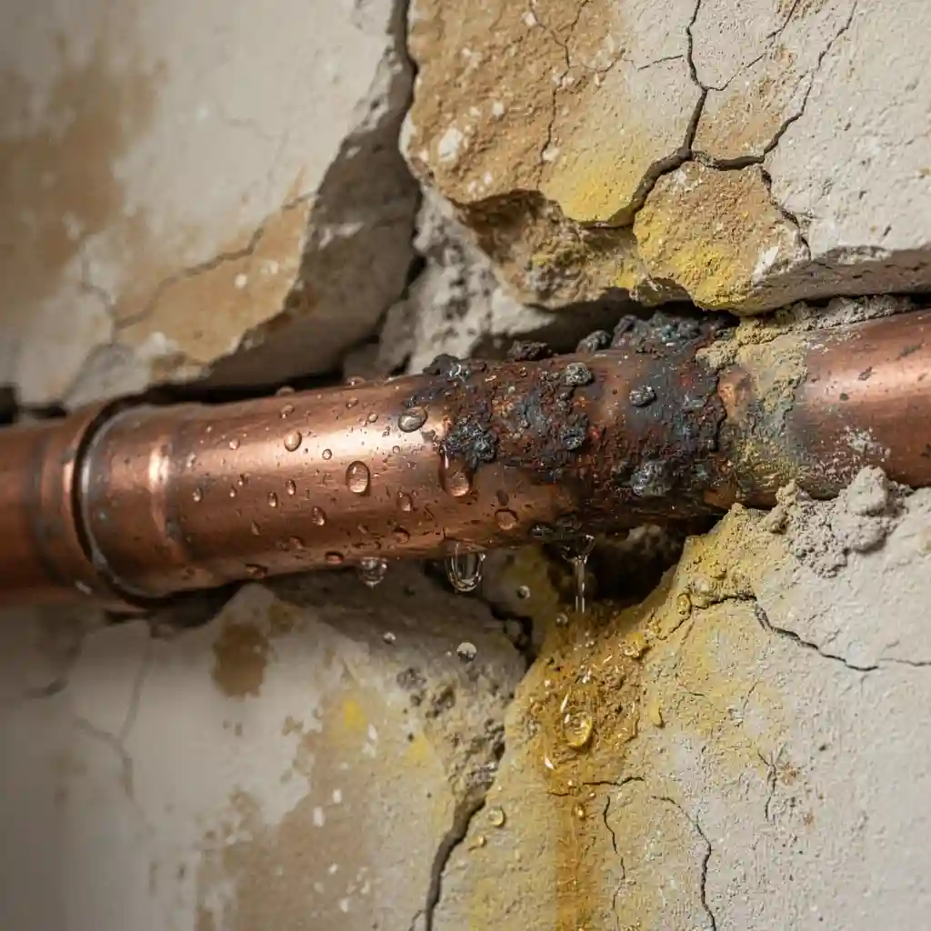 Humidité mur fuite eau à Légny, Ponts Tarrets, cuivre encastré