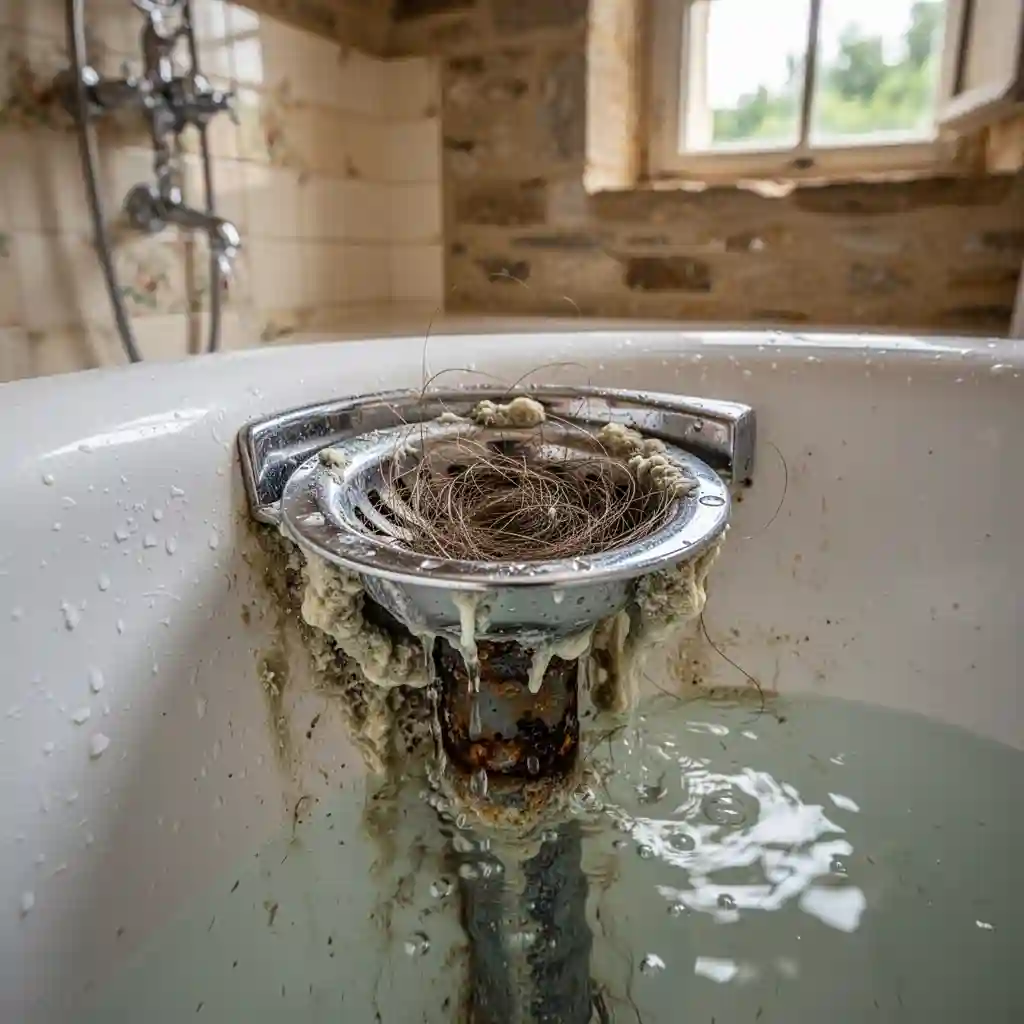 Baignoire bouchée à Longessaigne hameau Le Bourg dépôt calcaire siphon