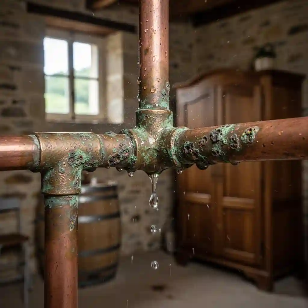 Fuite d'eau tuyau apparent cuivre à Régnié-Durette cave Bourg