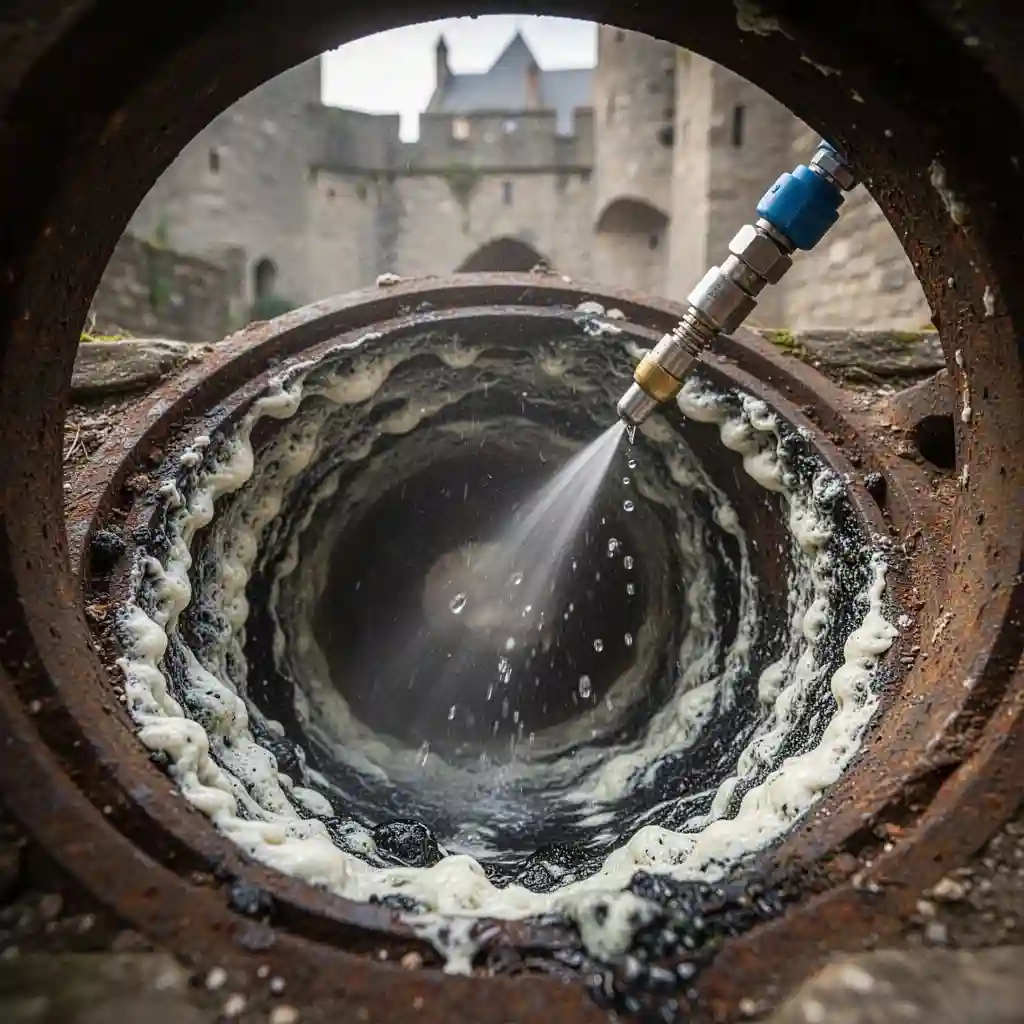 Curage canalisation à Riverie quartier Le Bourg : dépôts calcaire fonte ancienne