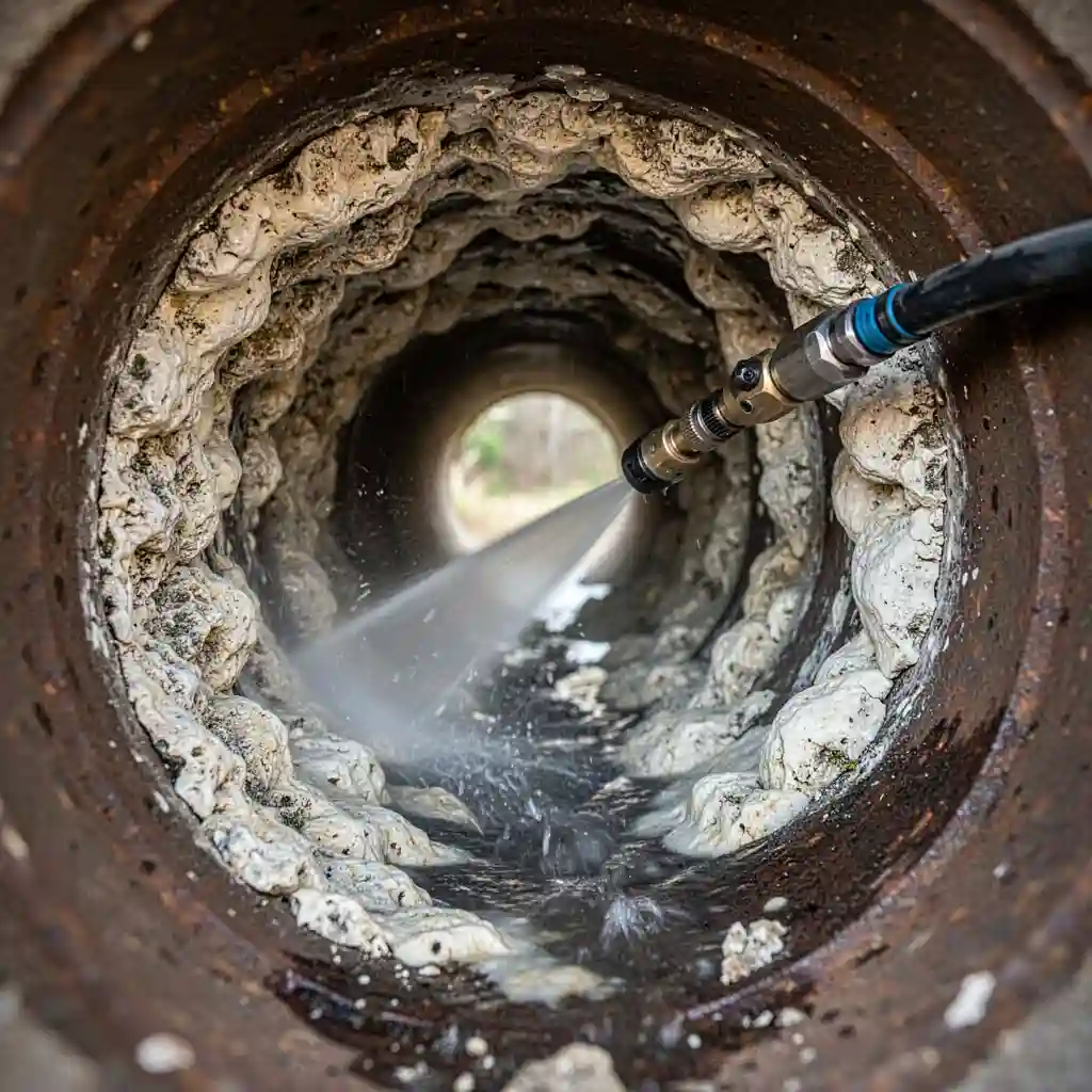 Curage canalisation à Ronno : dépôts calcaires dans un hameau