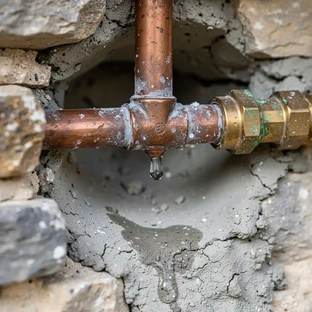 Micro fuite eau Sarcey centre-bourg sur ancien raccord cuivre encastré