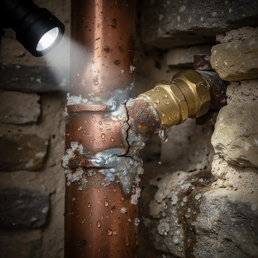 Recherche de fuite à Sourcieux-les-Mines, quartier du Bourg, canalisation cuivre entartrée