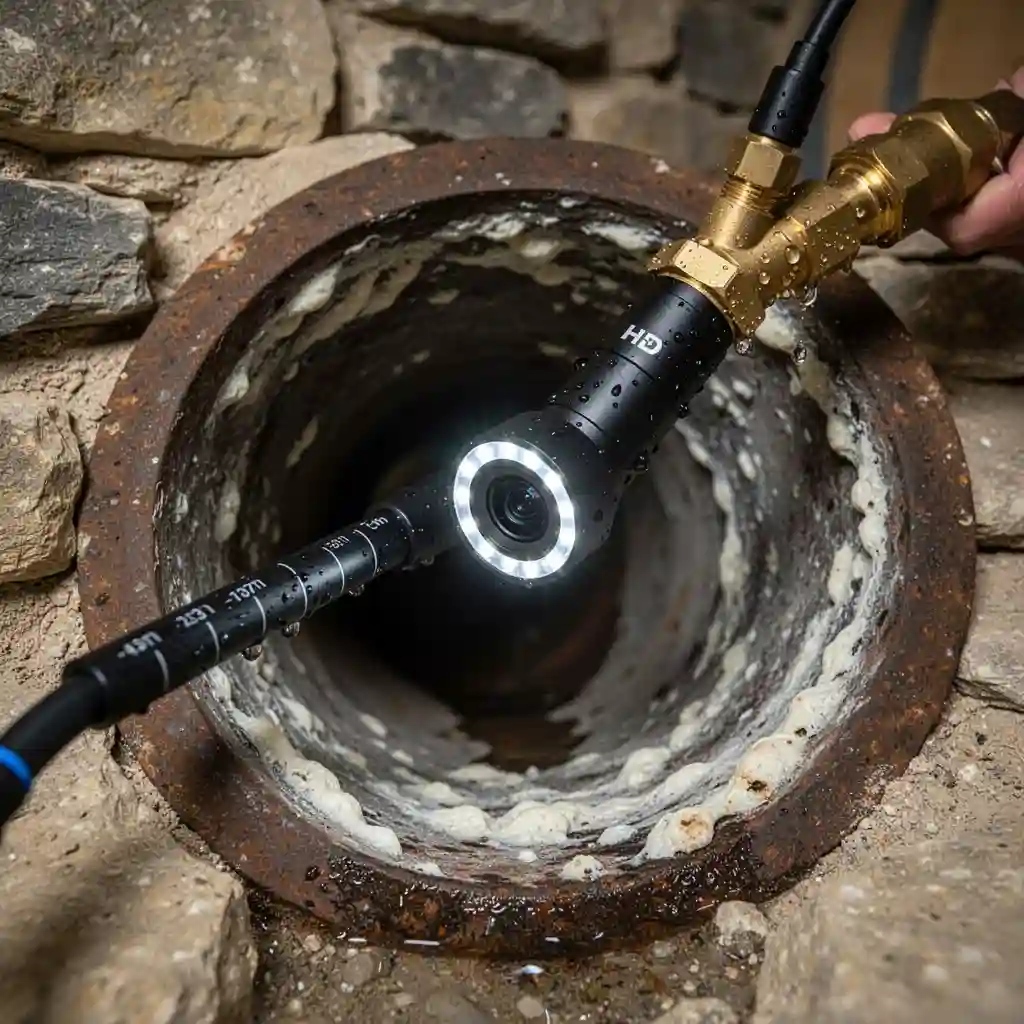 Inspection caméra canalisation : bouchon tuyau fonte ancien centre-bourg Saint-Nizier-d'Azergues