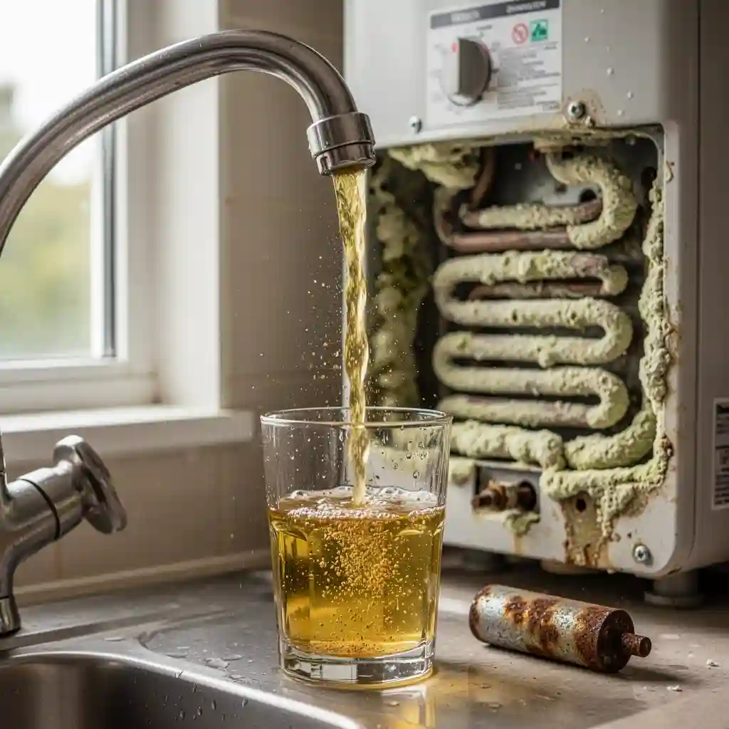 Eau chaude jaune Taluyers quartier La Valette, anode corrodée