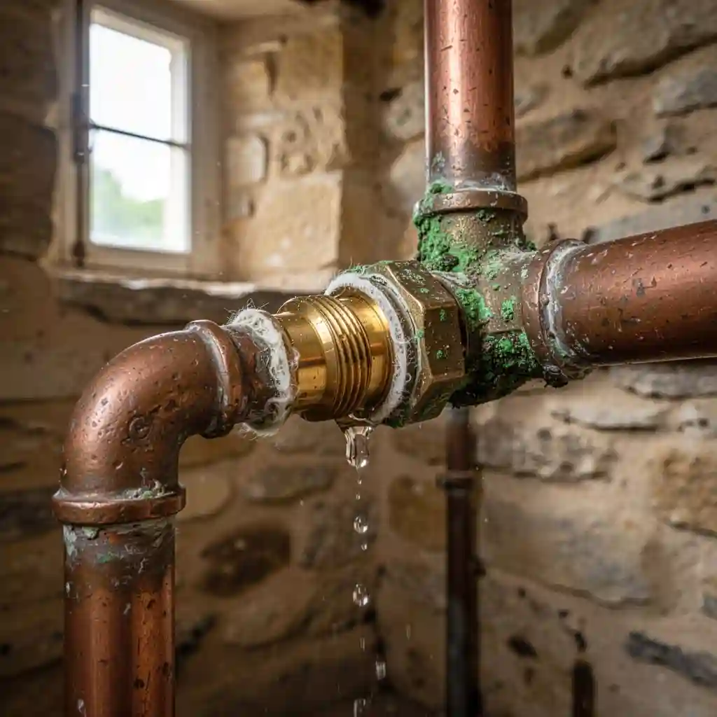 Raccord plomberie cuivre fuyant Theizé hameau ancien Pierres Dorées