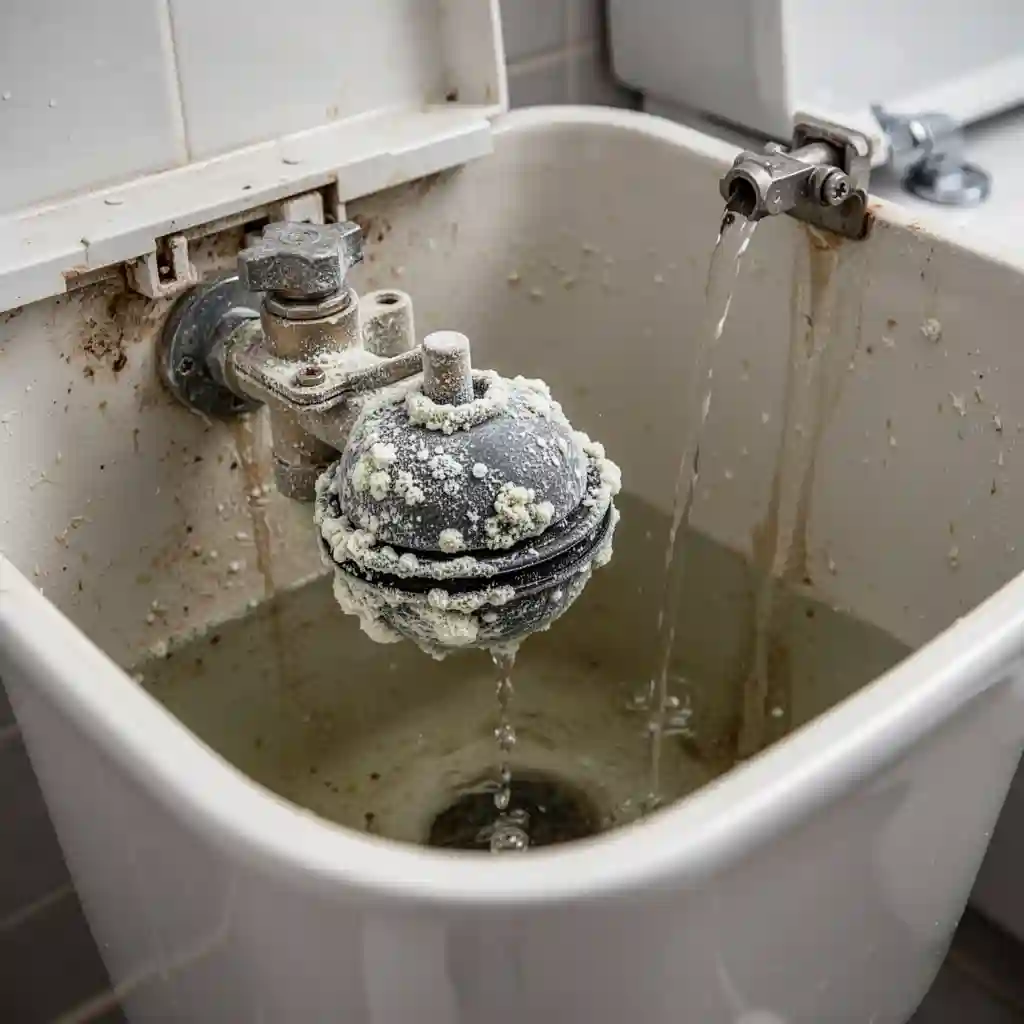 Flotteur WC entartré à Saint-Germain-des-Fossés, Bourzat, mécanisme de chasse