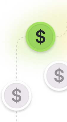 Green dollar symbol icon connected by dashed line to two gray dollar symbol icons on a yellow-green gradient background.
