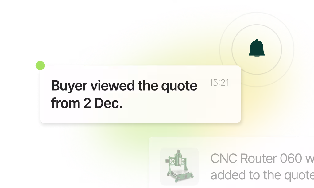 Notification popup stating 'Buyer viewed the quote from 2 Dec.' with a timestamp of 15:21, alongside a bell icon and a partial view of a CNC Router quote.