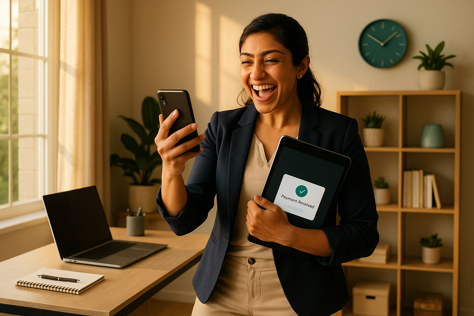 A woman happy that her invoice has been sent by GoGoInvoice