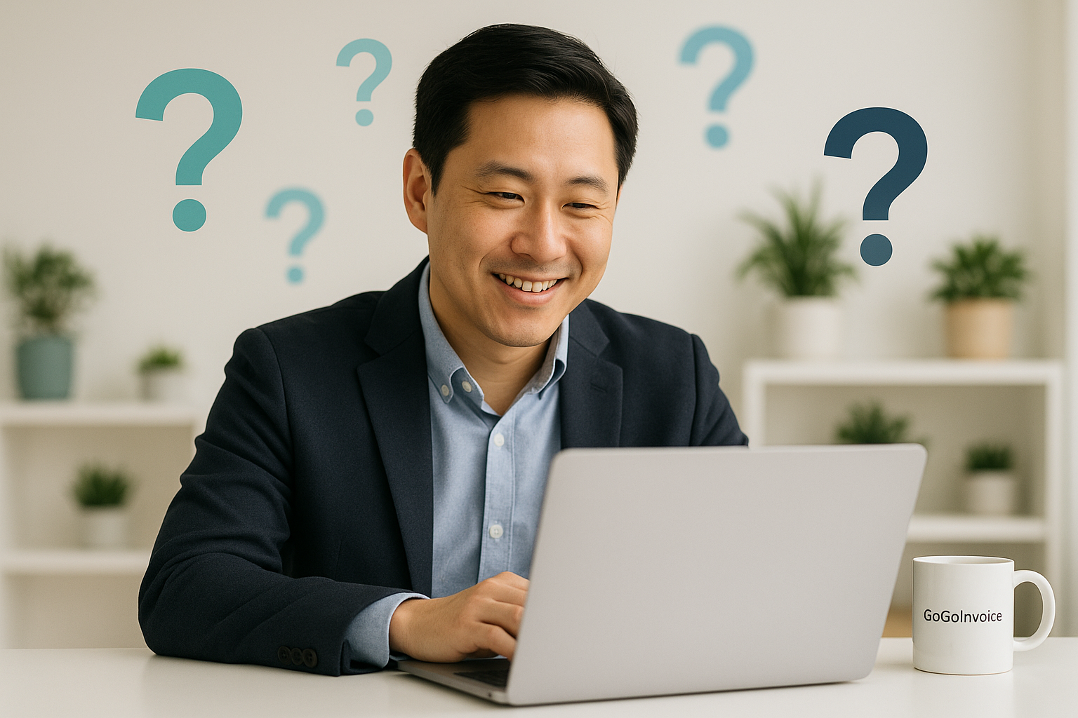 A smiling man at a modern desk reads answers on his laptop, with teal question-mark icons floating around, illustrating GoGoInvoice’s helpful FAQ support.