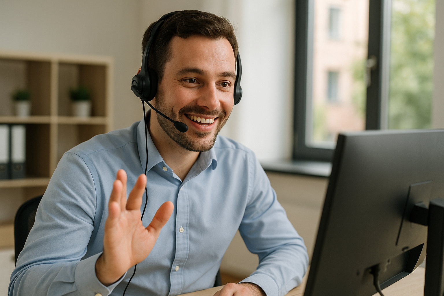 A friendly support agent in a headset smiles at her desk, with GoGoInvoice branding and a Canadian flag in the background, illustrating Canadian-based customer support.