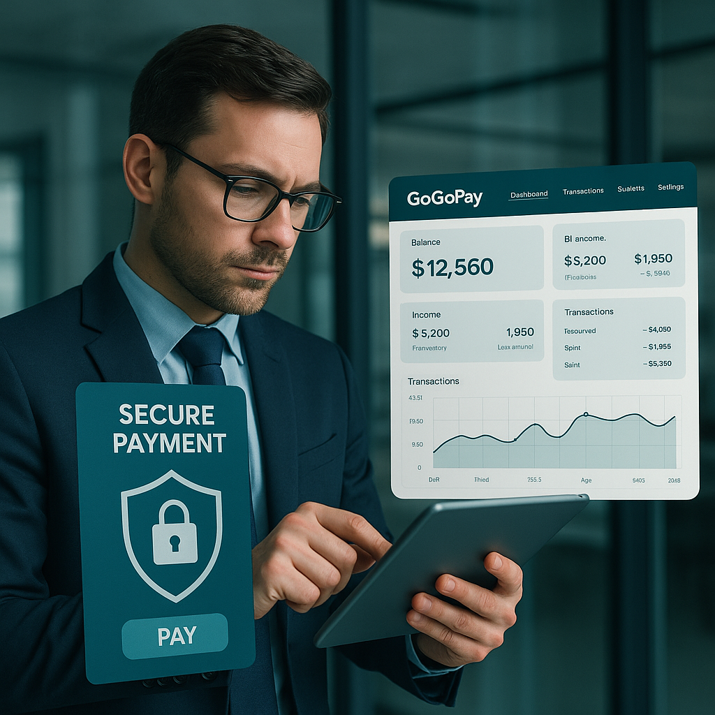 Overhead view of a desk with a laptop showing a colorful bar chart comparing GoGoInvoice, Stripe, Square, PayPal, and QuickBooks rates, with a smartphone displaying the GoGoInvoice logo—clean, professional, and data-driven.