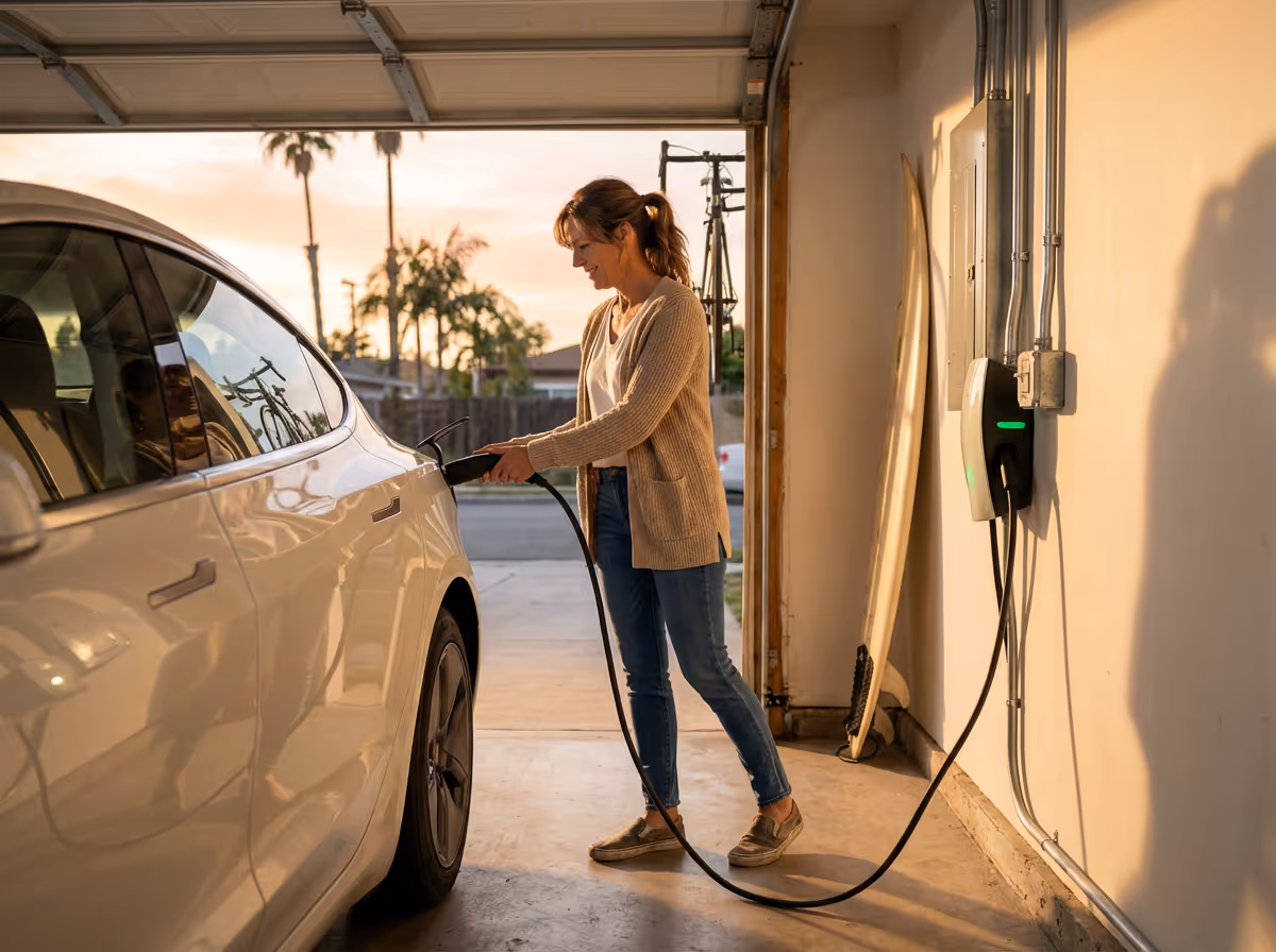Woman plugging an electric car into a charging station in a garage during sunset.