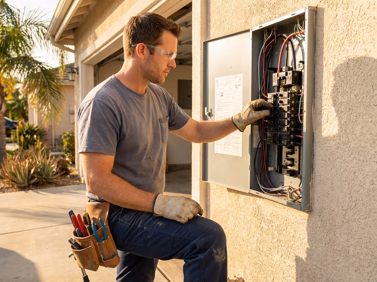 Electrician wearing gloves and safety glasses working on an open outdoor electrical panel in a residential area.