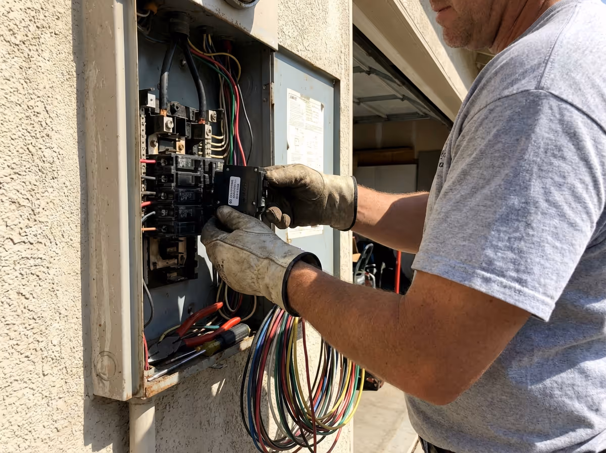 Electrician wearing gloves installing a circuit breaker in an outdoor electrical panel.