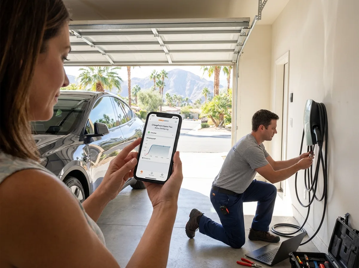 A man installs a wall-mounted electric vehicle charger in a garage while a woman monitors charging stats on a smartphone next to a black electric car.