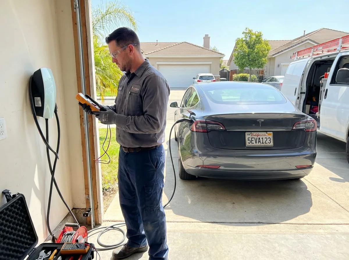 Technician in safety glasses using a multimeter beside a Tesla electric vehicle charging in a residential garage.