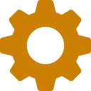 Orange gear icon with eight teeth and a central circular hole.