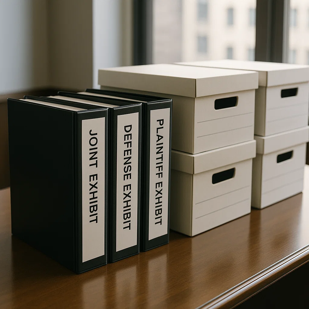 Three black binders labeled Joint Exhibit, Defense Exhibit, and Plaintiff Exhibit on a wooden table beside four white storage boxes.
