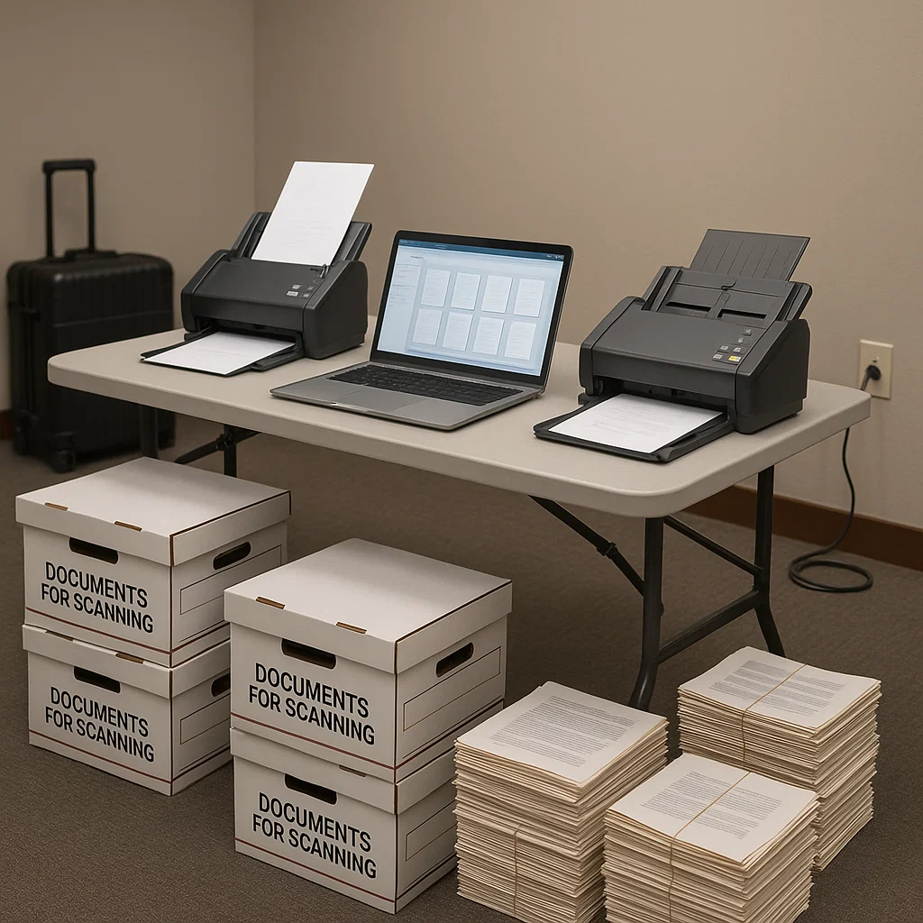 Two document scanners and a laptop on a table surrounded by boxes labeled 'Documents for Scanning' and stacks of bundled papers.