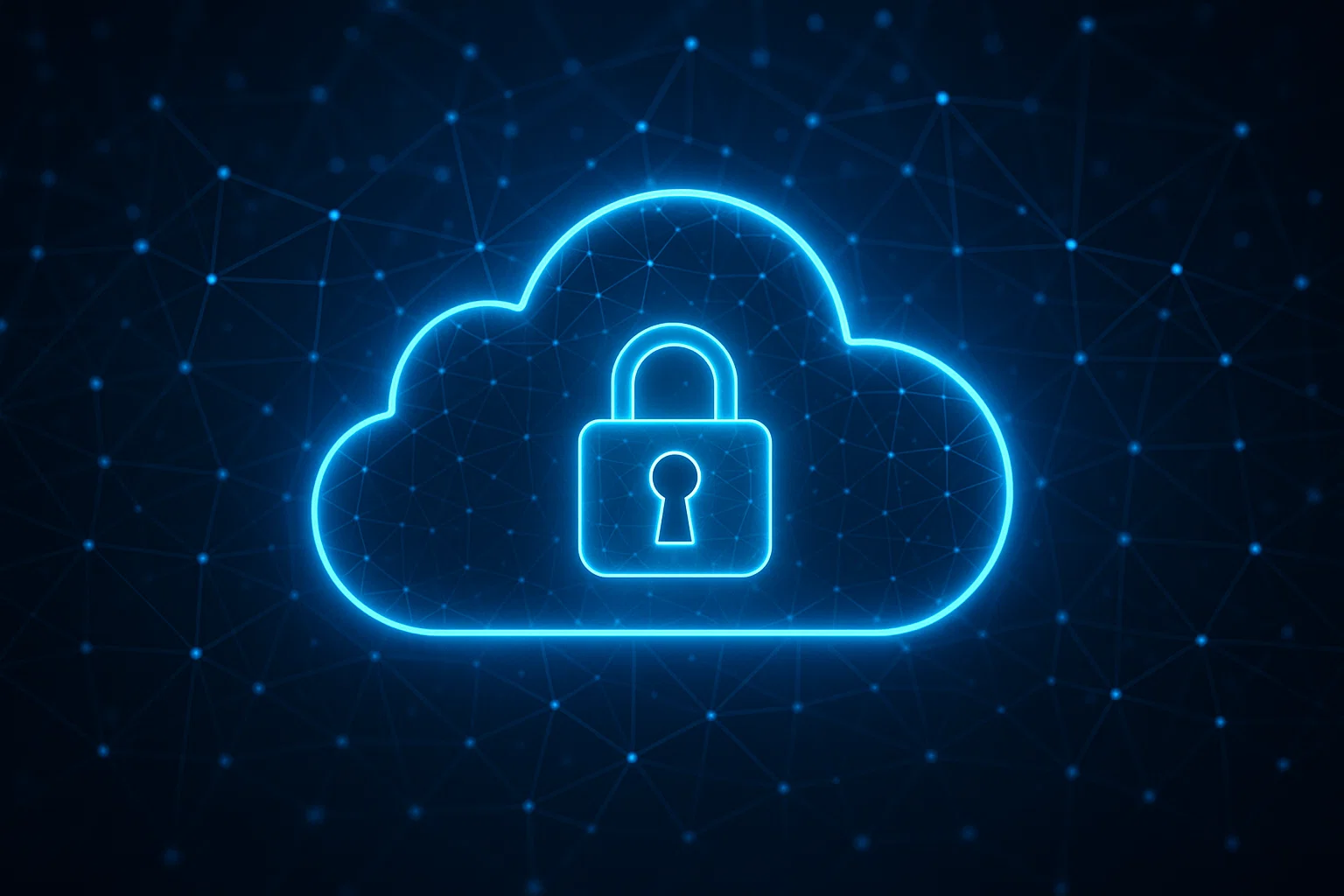Glowing blue neon cloud outline with a padlock icon inside symbolizing secure cloud storage.