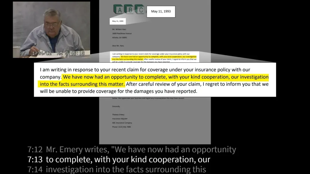 Man sitting at a desk with timestamp 1-24-02 9:45:19 AM, overlay of a letter dated May 11, 1993, highlighting a passage about insurance claim investigation and denial, with subtitles quoting the highlighted text.