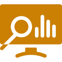 Computer monitor displaying a magnifying glass over bar chart analytics icon.