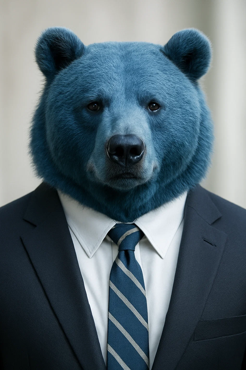 Blue bear head with realistic fur on a person wearing a dark suit, white shirt, and striped tie.
